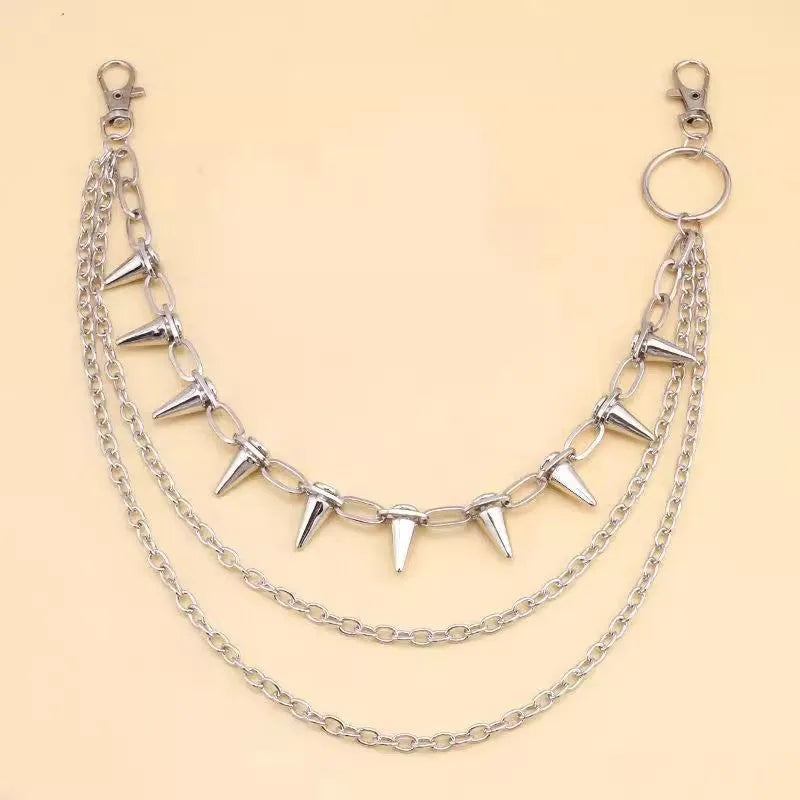 Silver metal double-layer pants chain with rivet details for punk hip hop style