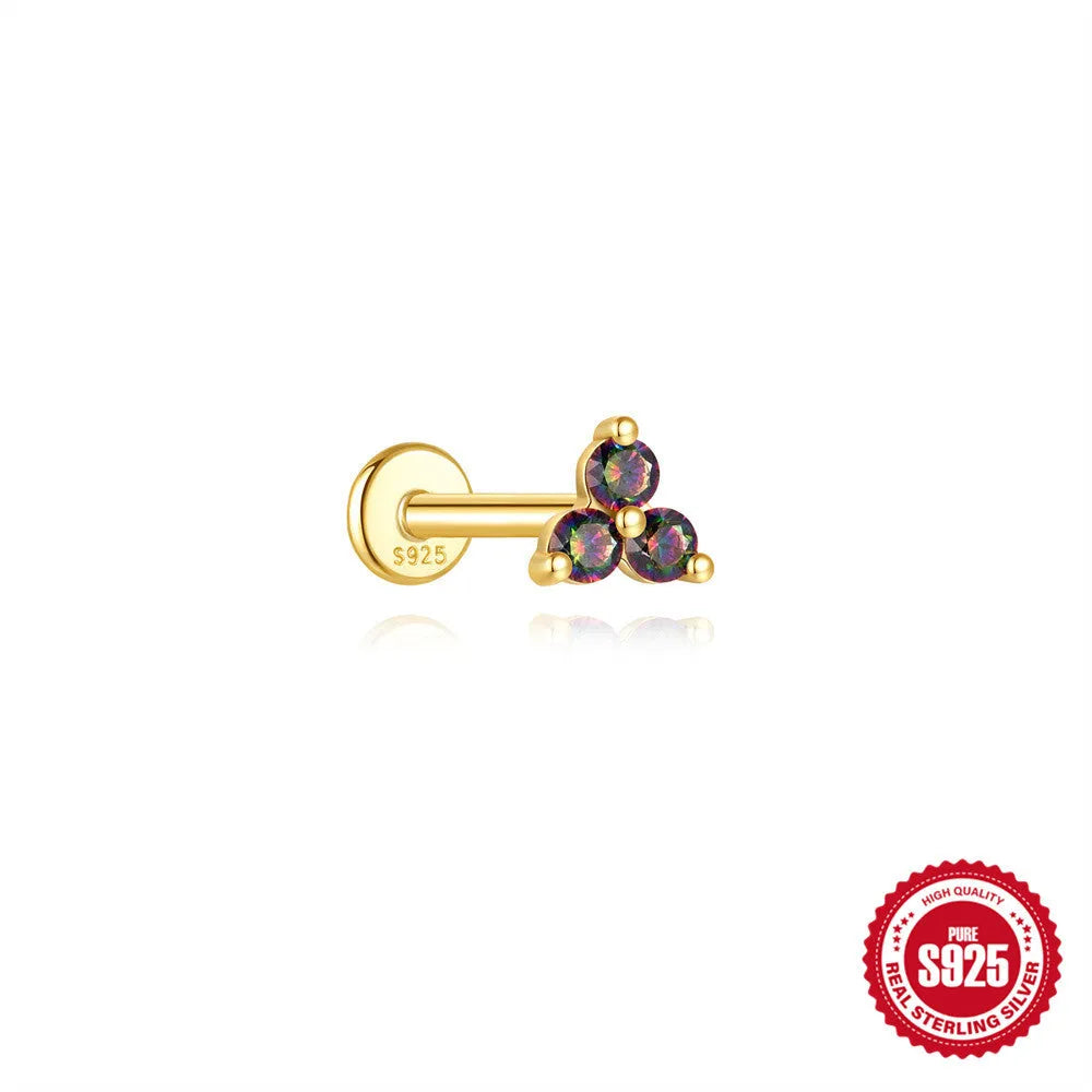 S925 sterling silver thread piercing earring with super shiny rainbow stone flat head in single gold colour.