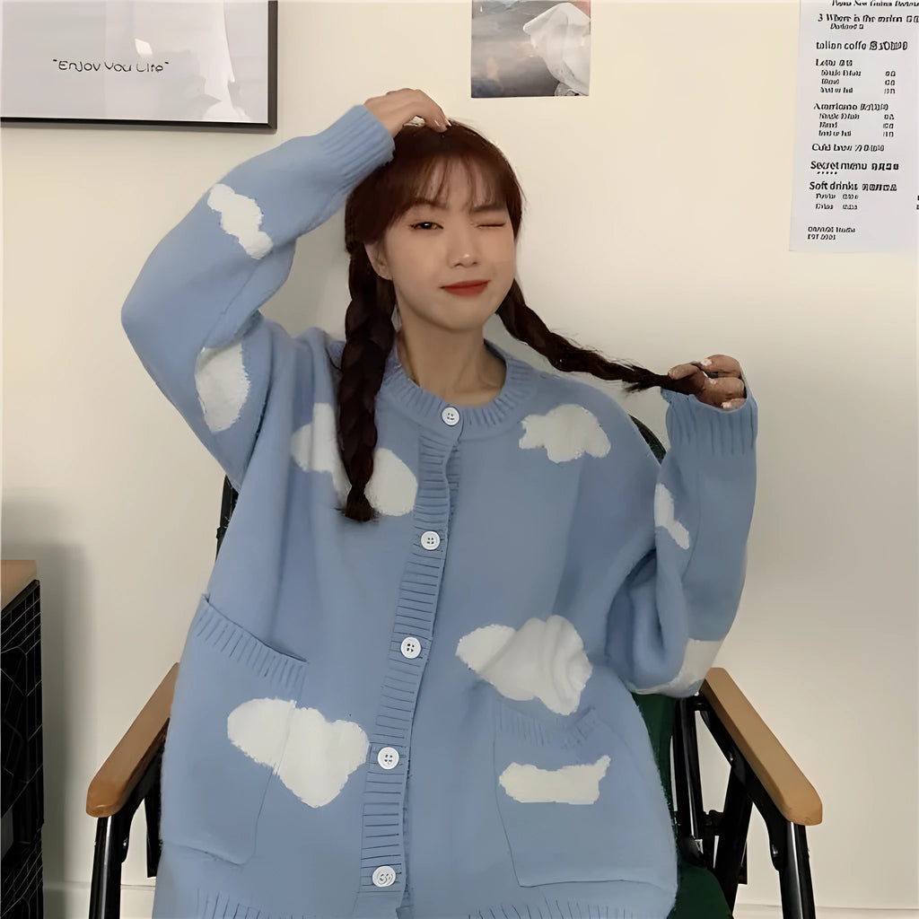 Blue cloud pattern women's loose spandex cardigan with long sleeves for autumn winter wear