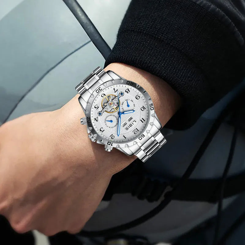 Men's silver steel automatic perpetual calendar mechanical watch with business style design
