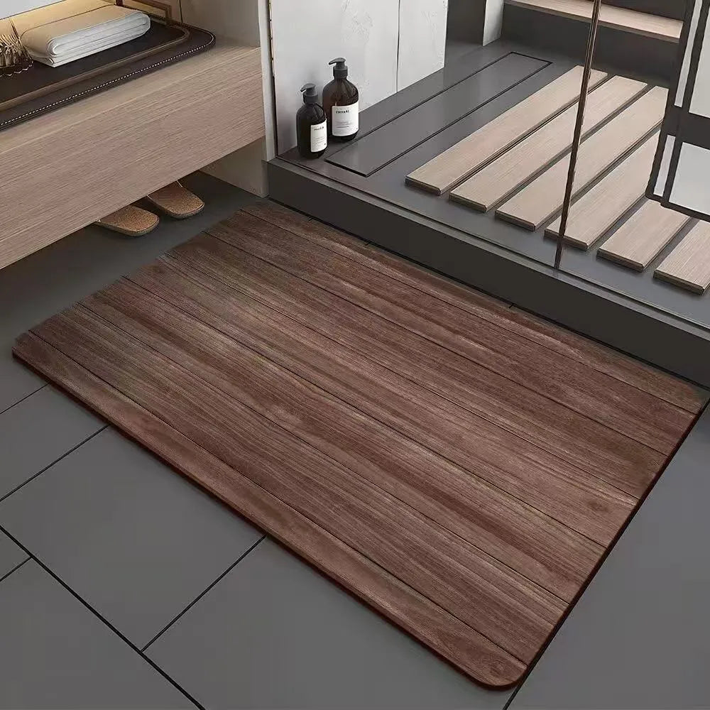 Square American style wood grain patterned diatom ooze bathroom floor mat on a tiled floor.