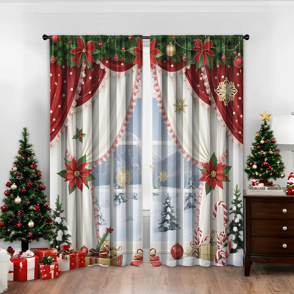 Pair of 3D digital printed polyester Christmas curtains with high sunshade capability in various sizes