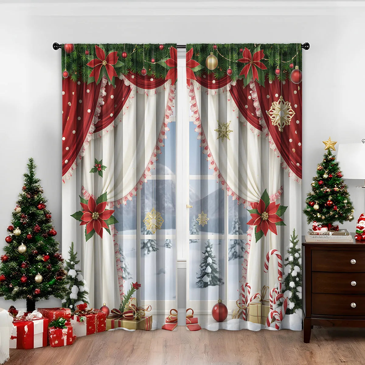 Pair of 3D digital printed polyester Christmas curtains with high sunshade capability in various sizes