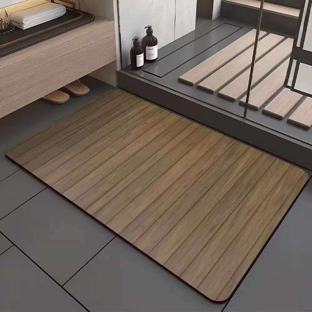 Square American style wood grain patterned diatom ooze bathroom floor mat on a tiled floor.