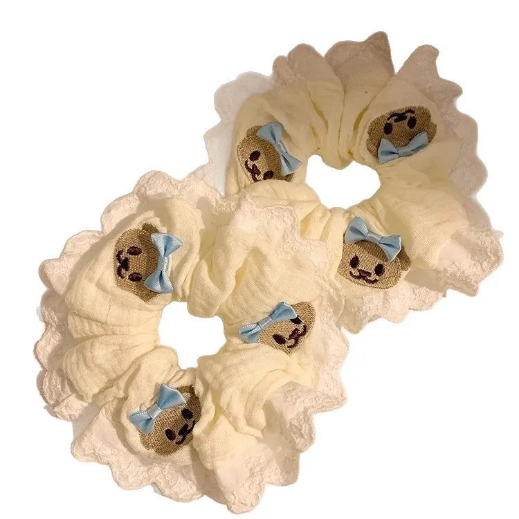 Bear blue bow lace large intestine hair ring made from cloth fabric with high elasticity