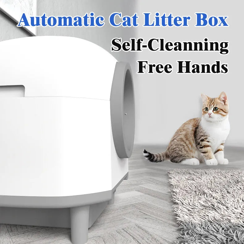 White automatic enclosed cat litter box with ABS plastic construction for indoor cats