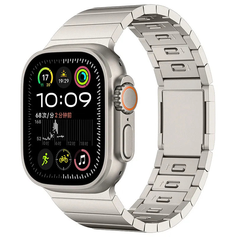 Silver magnetic buckle stainless steel strap for Apple Watch on a wrist