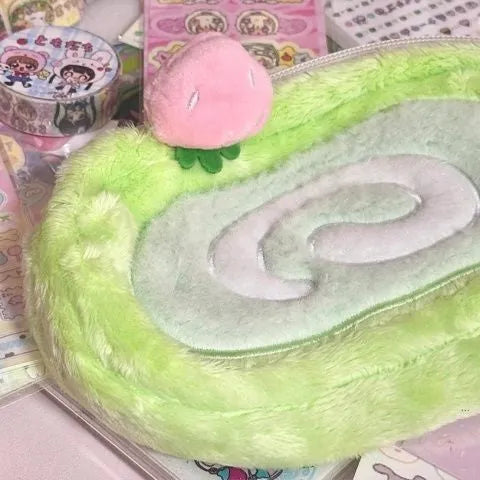 Swiss roll cake patterned velvet pencil case for stationery storage.