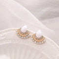 Women's silver retro fan-shaped drop earrings with opal and rhinestone geometric details.