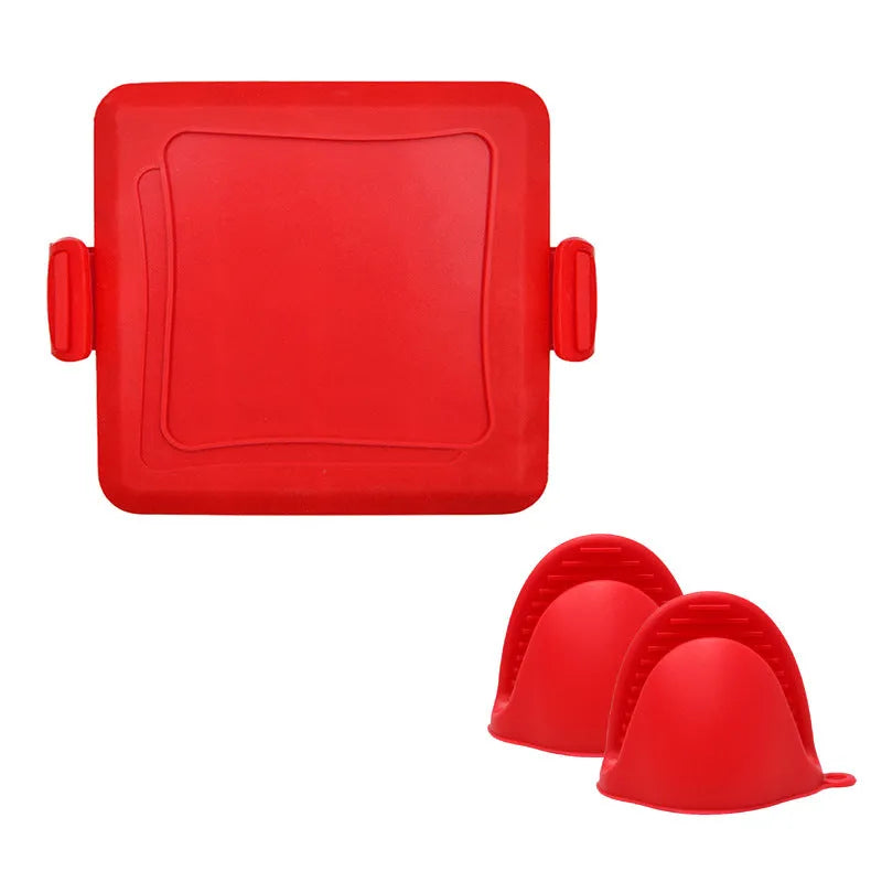 Red silicone handbag baking tray with matching heat-resistant gloves for oven safety