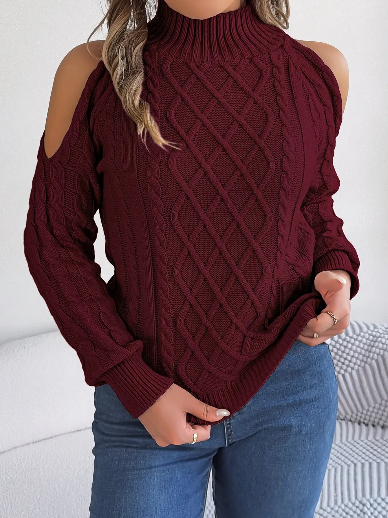 Women's twisted pattern strapless half-high collar sweater with lantern sleeves