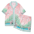Men's plaid print short sleeve shirt and matching trousers, a two-piece casual beach outfit set.