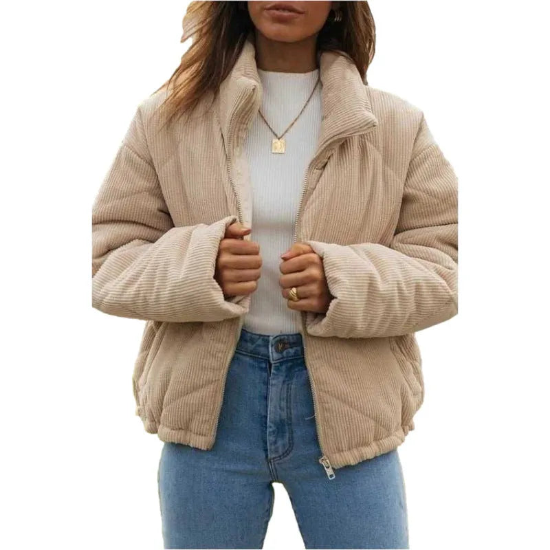 Women's apricot corduroy jacket with stand collar, long sleeves, and full-length zipper closure