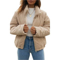 Women's apricot corduroy jacket with stand collar, long sleeves, and full-length zipper closure