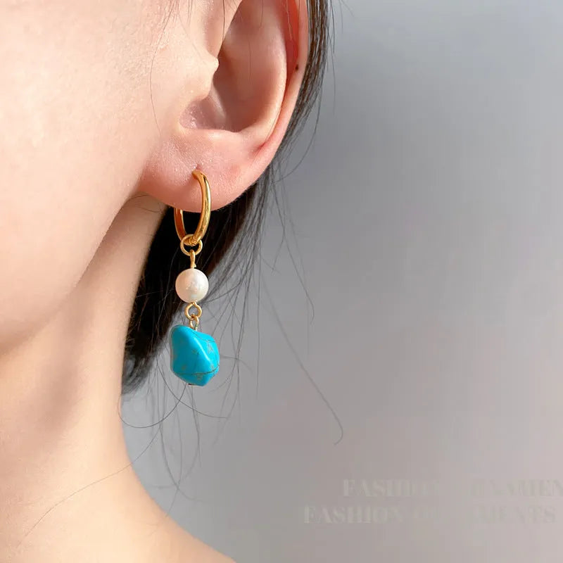 Turquoise irregular geometric cultured pearl earrings with copper setting in short and long styles