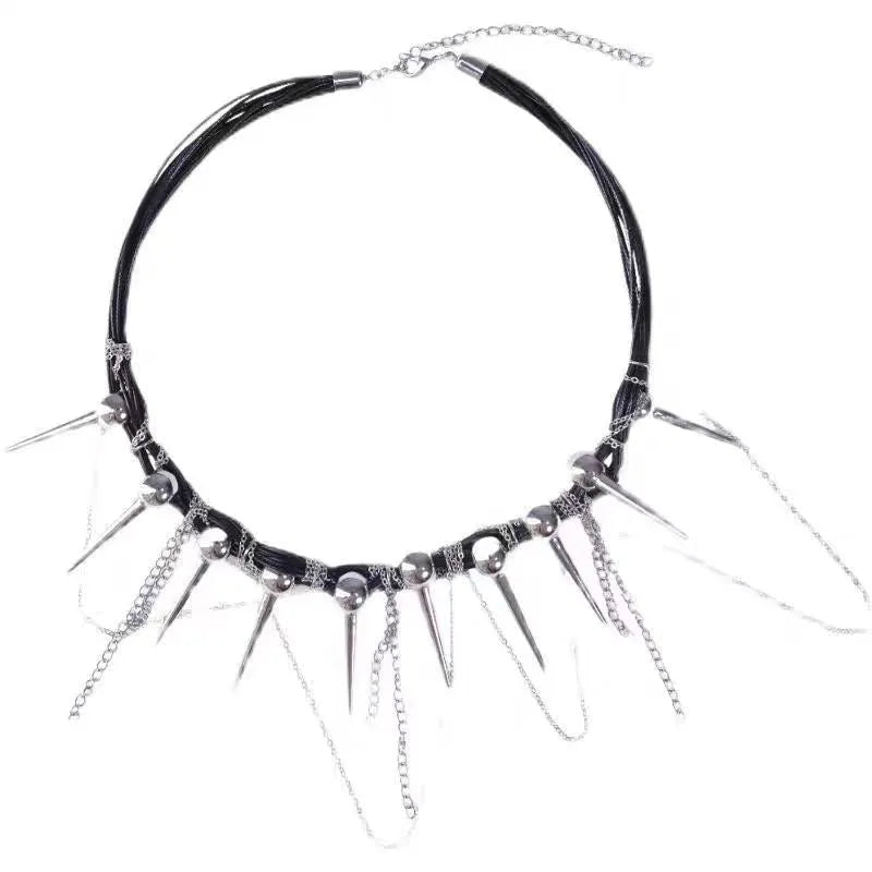 Genuine leather tassel necklace with electroplated rivet details and round beads