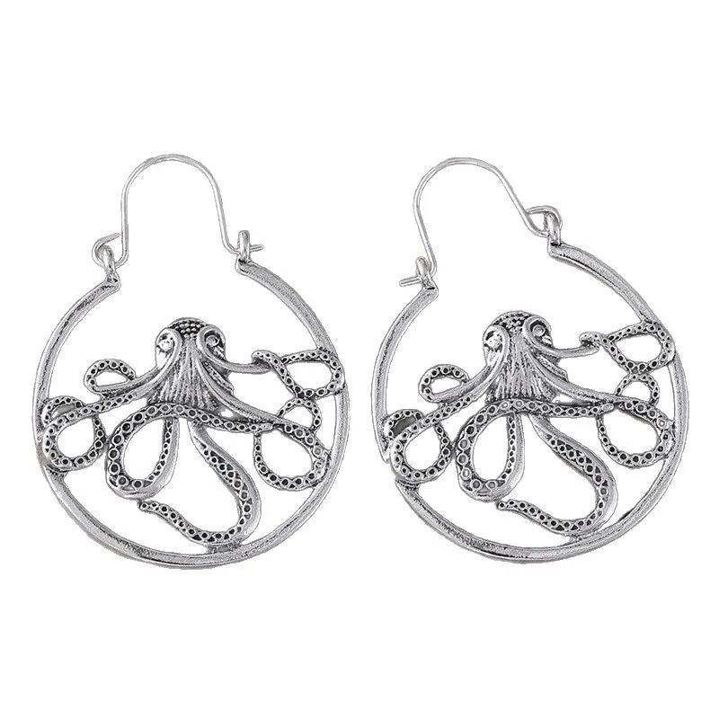 Vintage antique silver octopus earrings with zinc alloy construction and retro animal design