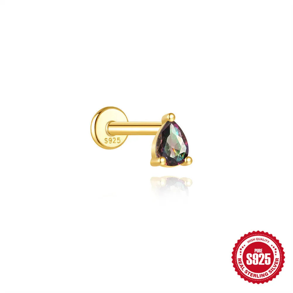 S925 sterling silver thread piercing earring with super shiny rainbow stone flat head in single gold colour.