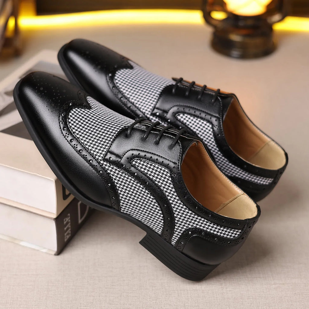 Men's black imitation houndstooth pattern casual canvas shoes with square toe and lace-up front.