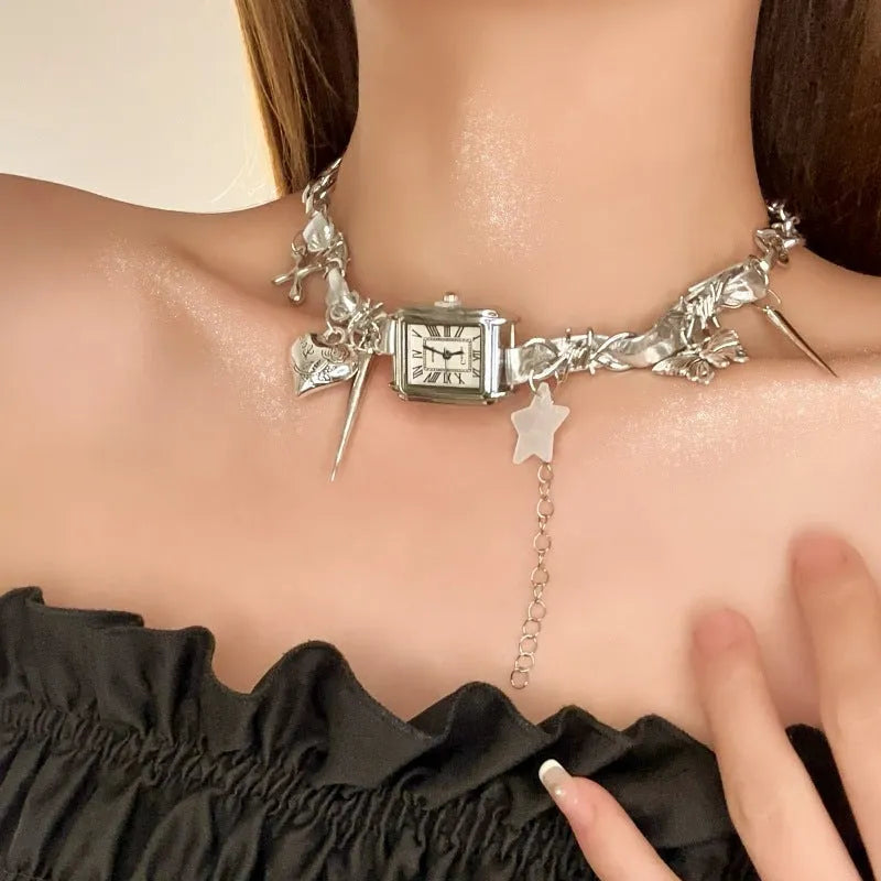 Dark multi-layer cross necklace with twin clavicle chains and adjustable 41-50cm chain