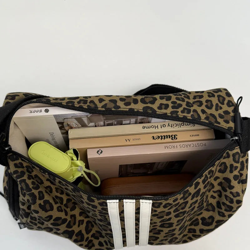 Leopard print sports style cross-body messenger bag with large capacity and shoulder strap