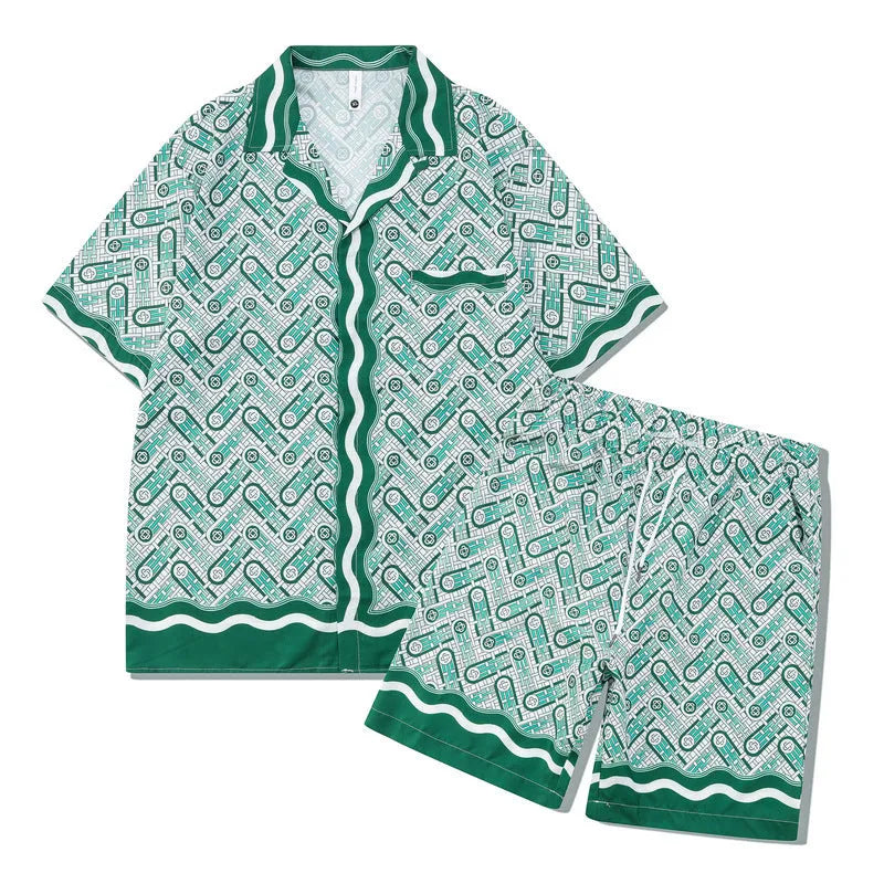 Men's plaid print short sleeve shirt and matching trousers, a two-piece casual beach outfit set.