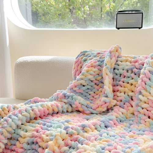 Thick striped chenille winter blanket laid flat, showing its 130x170cm size and handmade ice bar dyed pattern.
