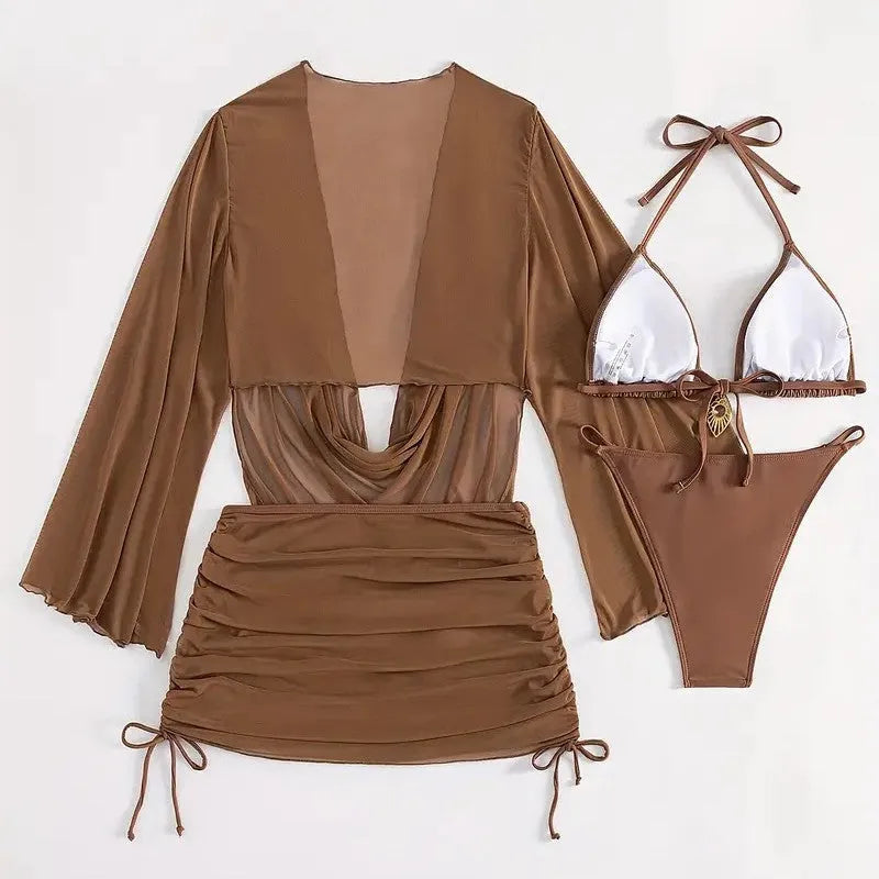 Dark brown women's lace-up bikini suit with backless briefs style on mannequin.