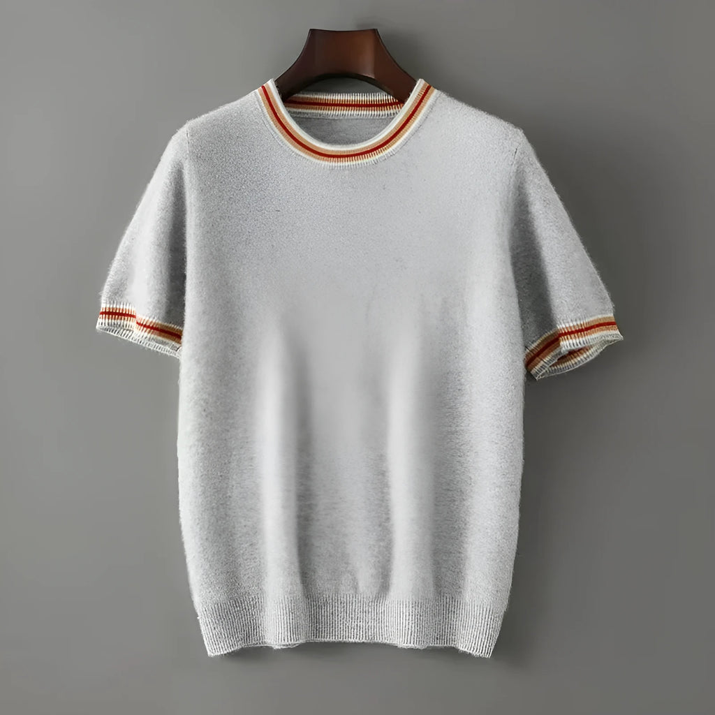 Men's white pure wool short sleeve round neck pullover sweater laid flat