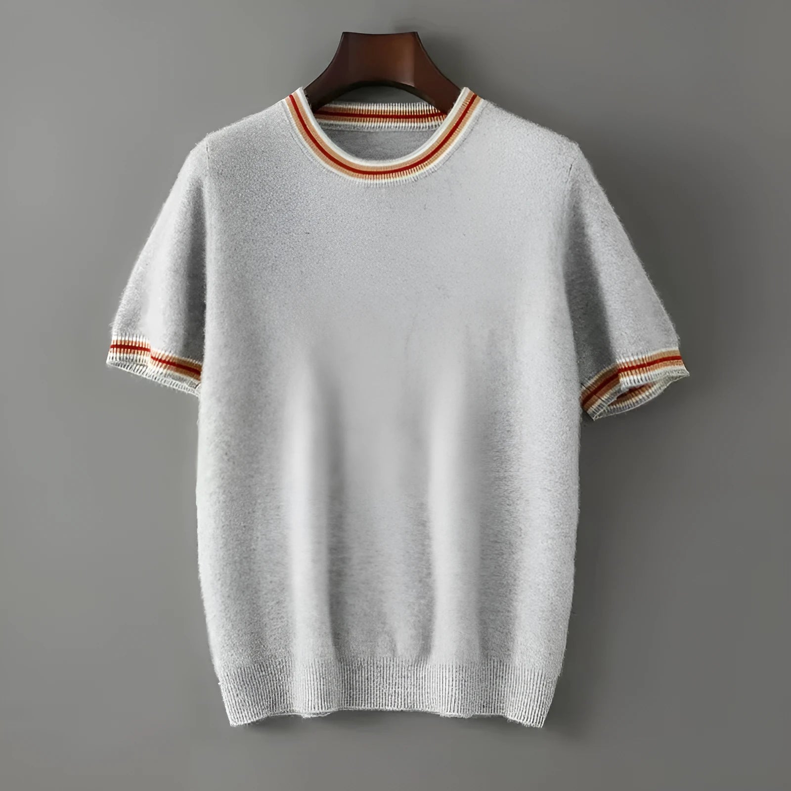 Men's white pure wool short sleeve round neck pullover sweater laid flat