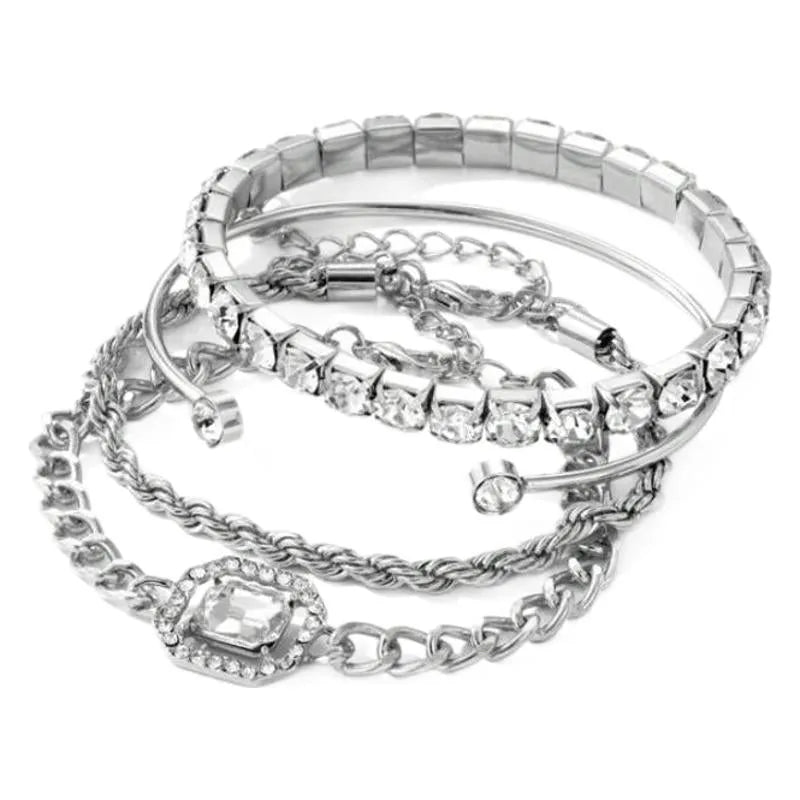 Women's retro geometric metal bracelet four-piece set in gold alloy with square diamond design