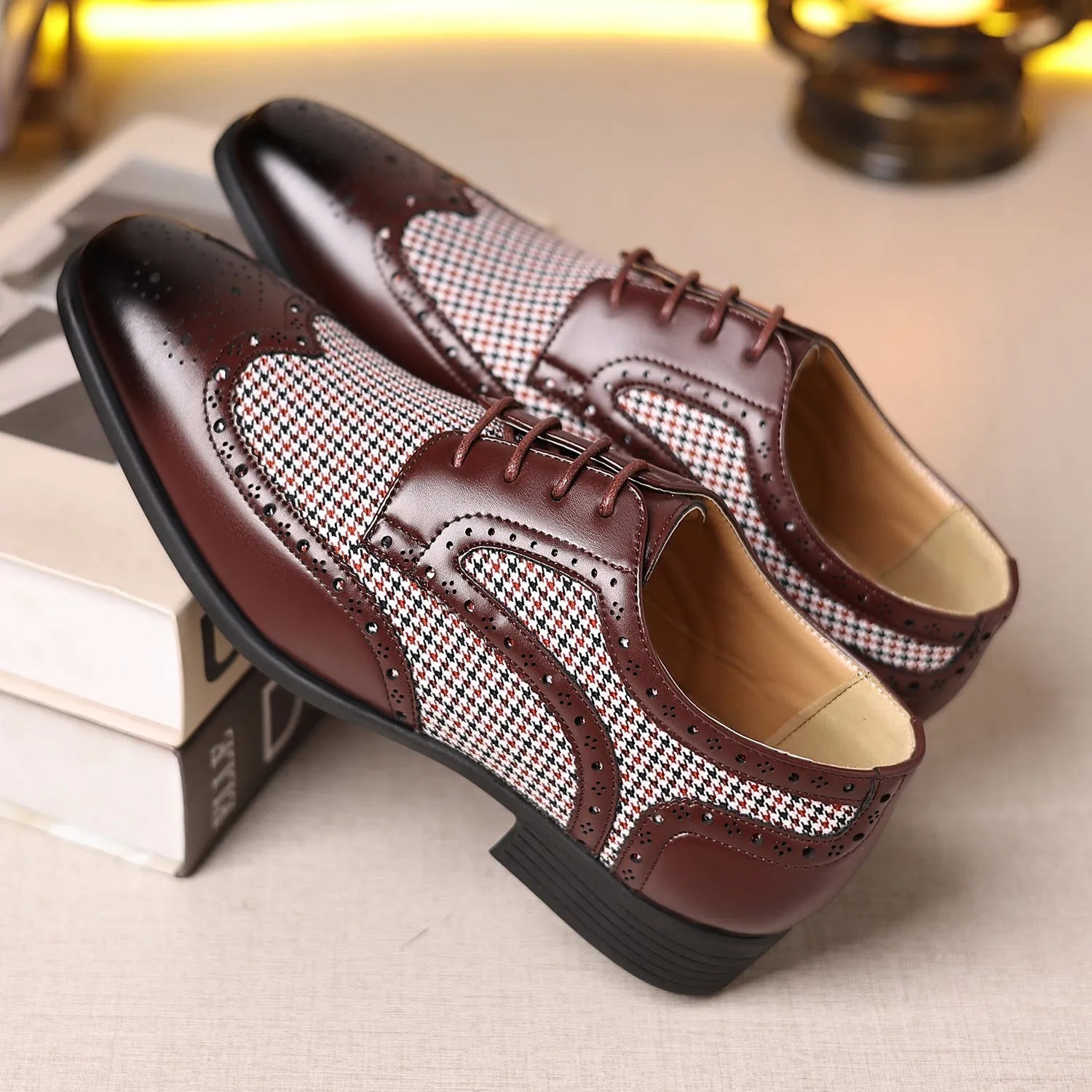 Men's black imitation houndstooth pattern casual canvas shoes with square toe and lace-up front.