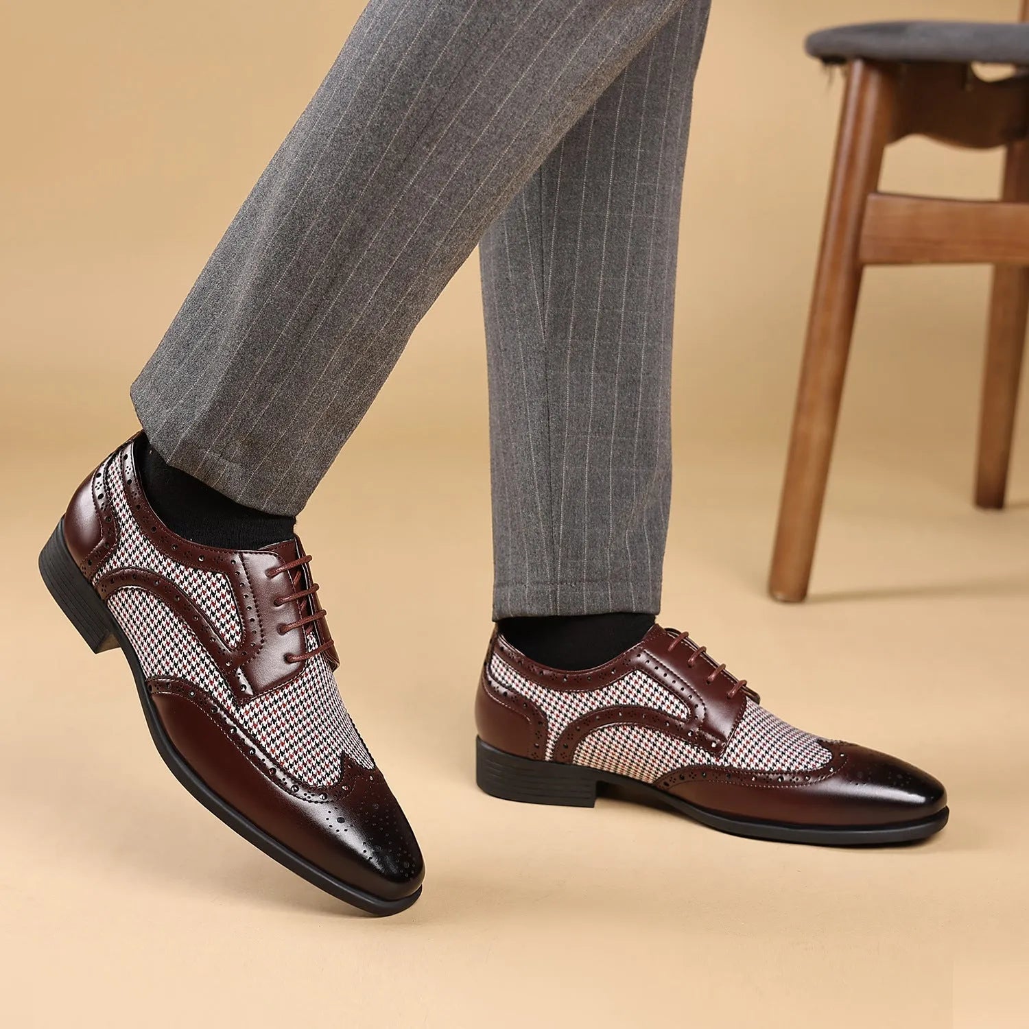 Men's black imitation houndstooth pattern casual canvas shoes with square toe and lace-up front.
