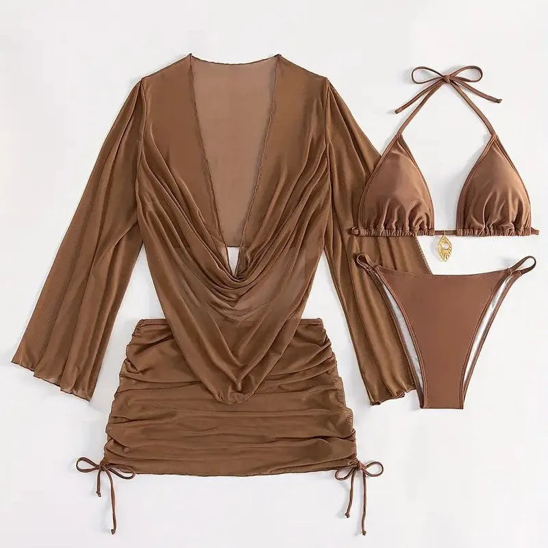 Dark brown women's lace-up bikini suit with backless briefs style on mannequin.