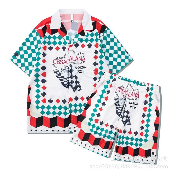 Men's plaid print short sleeve shirt and matching trousers, a two-piece casual beach outfit set.
