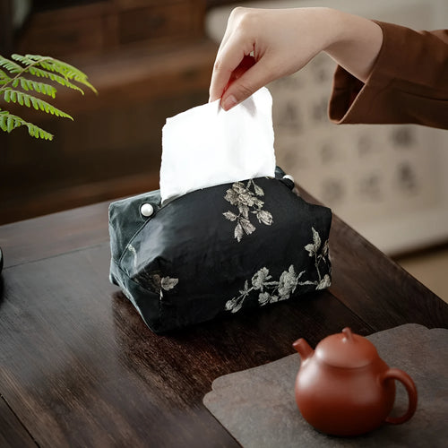 Chinese brocade fabric tissue box cover with embroidered white plum design, with and without pearl buckle options