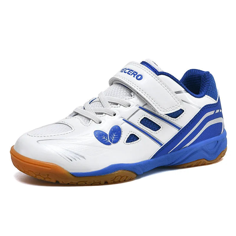 White and blue breathable badminton shoes with ribbed sole and round toe