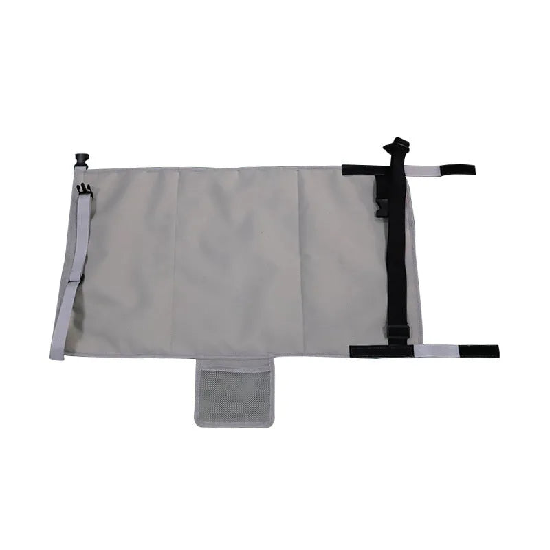 Portable blue children's aircraft seat extender with adjustable pedal device and matching drawstring pocket.