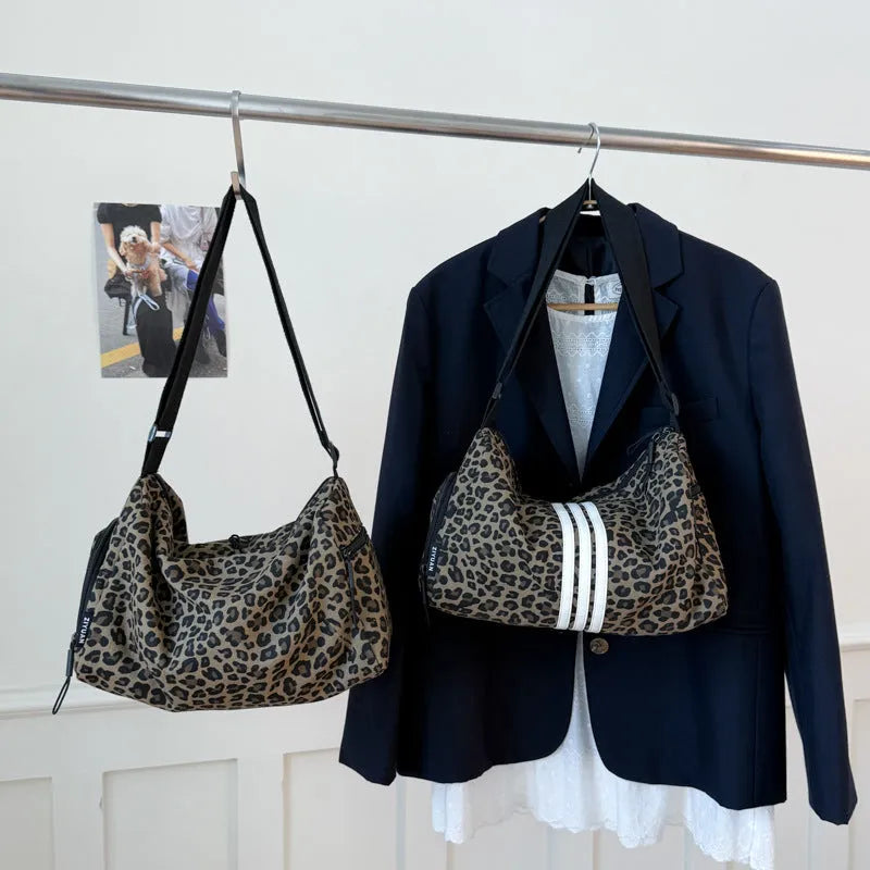 Leopard print sports style cross-body messenger bag with large capacity and shoulder strap
