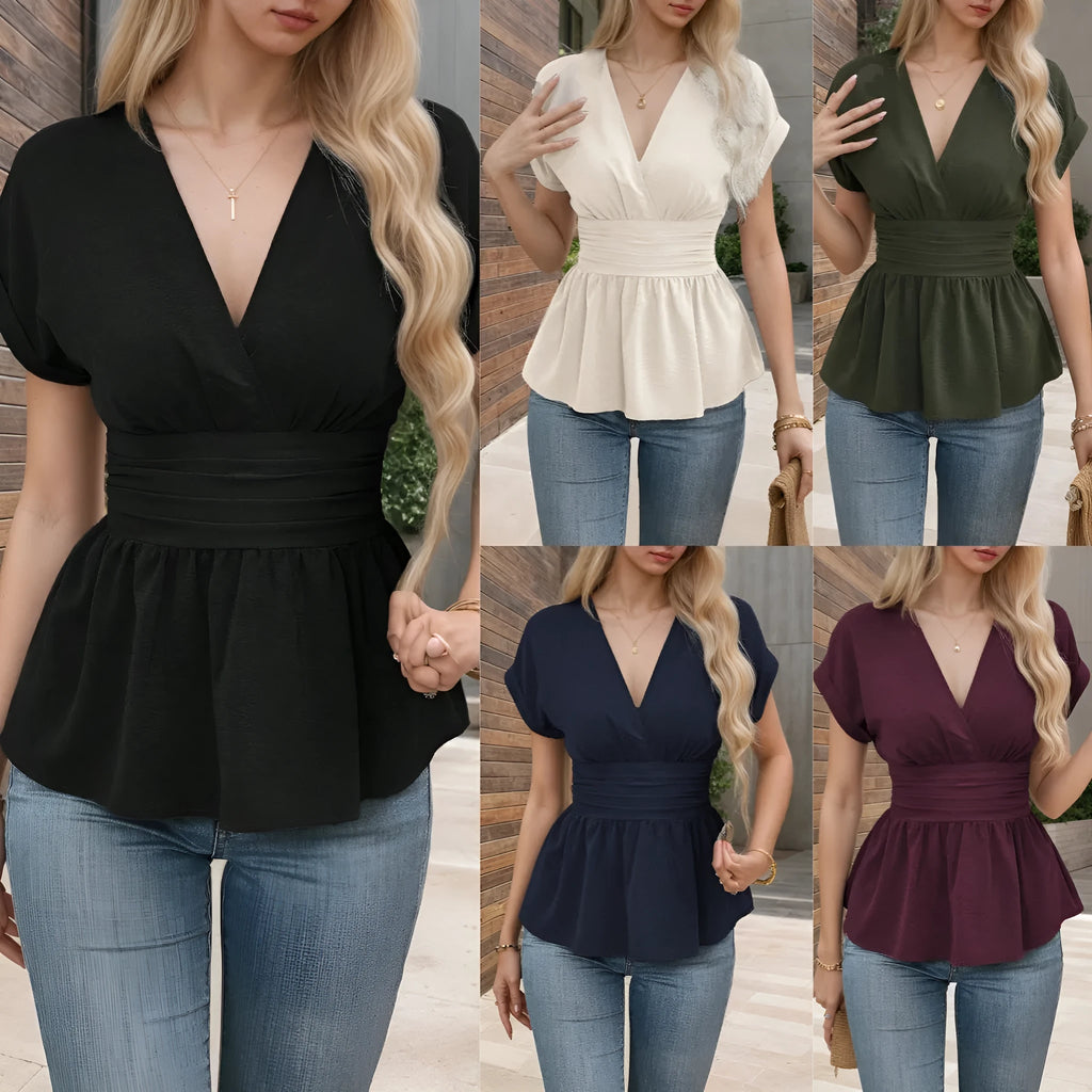Women's slim fit V-neck short sleeve top in solid apricot colour.