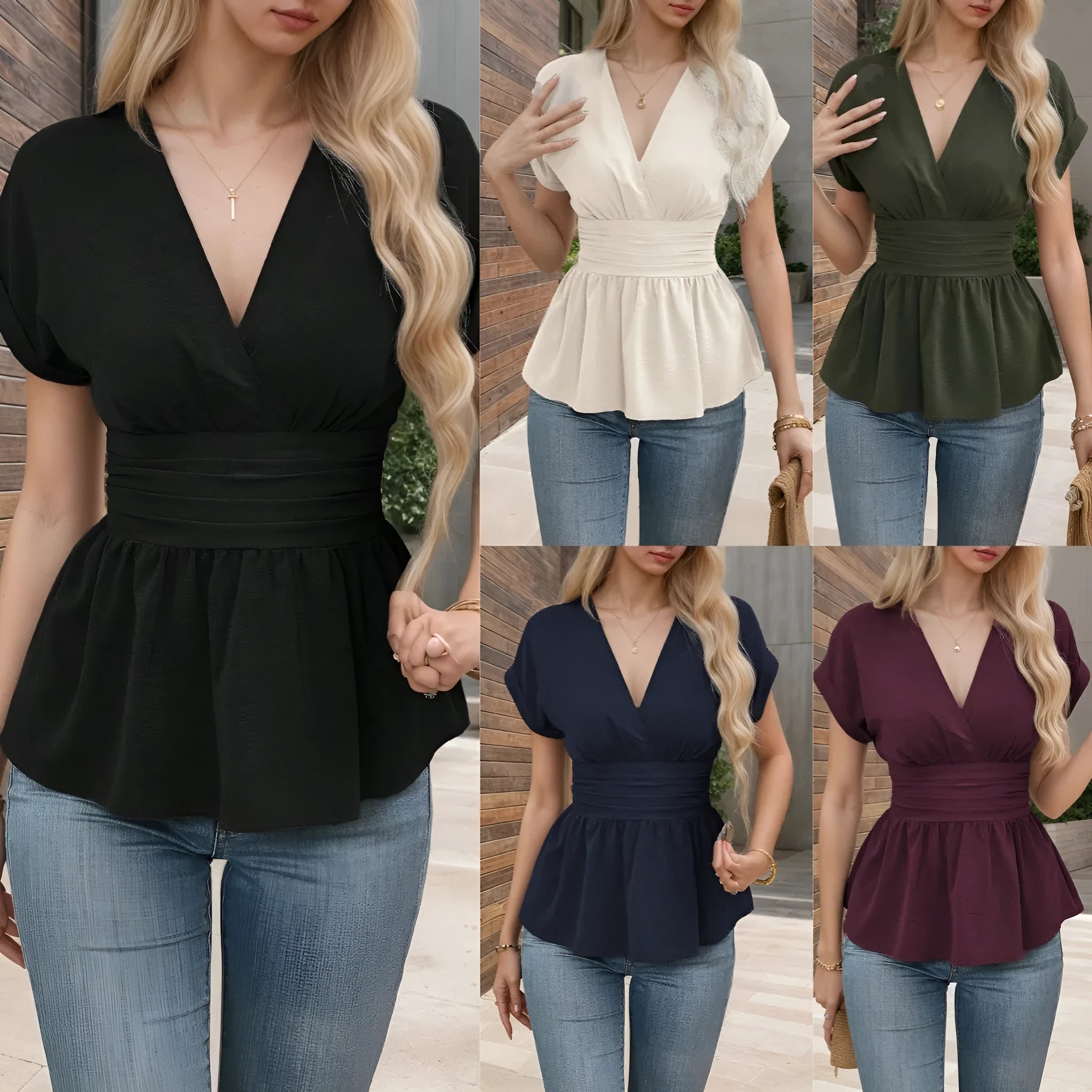 Women's slim fit V-neck short sleeve top in solid apricot colour.