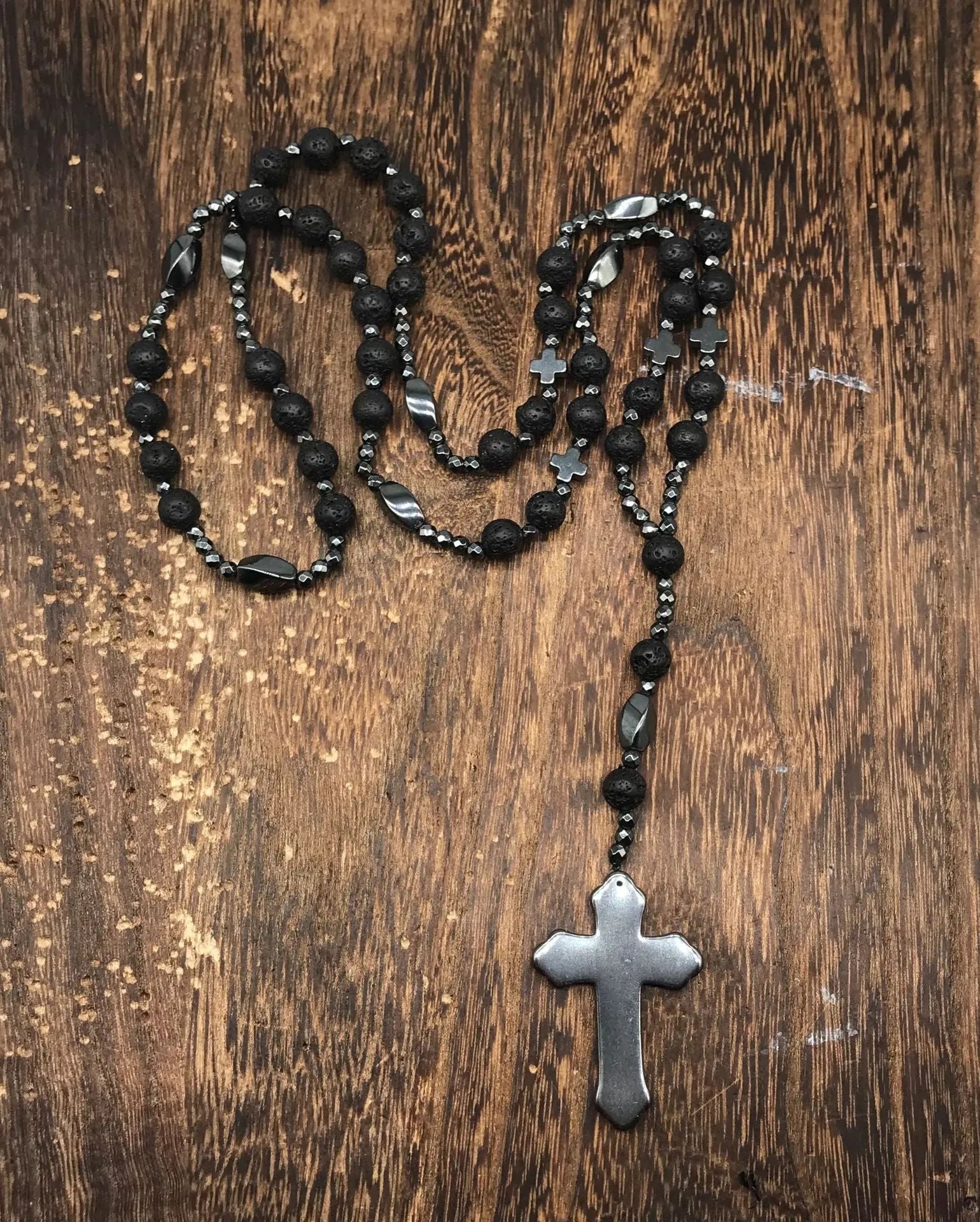 Men's stone cross pendant necklace with hand-woven detail on an 80cm ball bead chain.