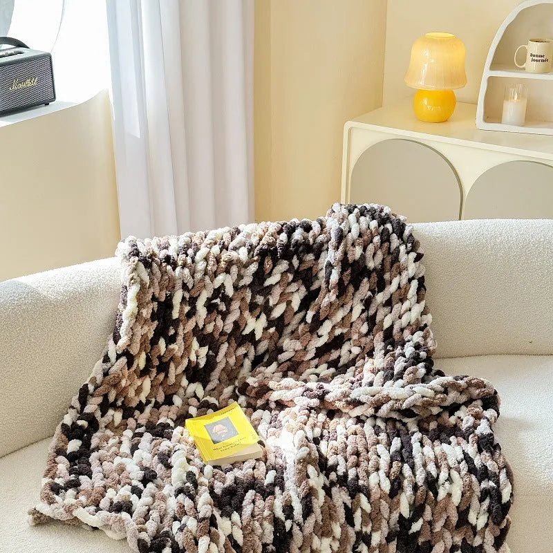 Thick striped chenille winter blanket laid flat, showing its 130x170cm size and handmade ice bar dyed pattern.
