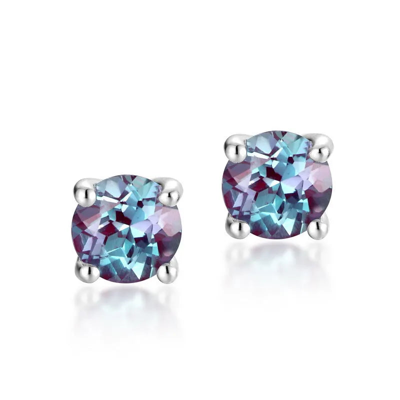 925 silver geometric ear studs with round cultivated Alexandrite stone