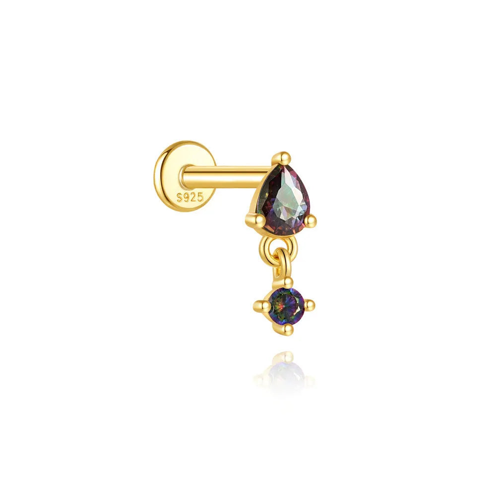 S925 sterling silver thread piercing earring with super shiny rainbow stone flat head in single gold colour.
