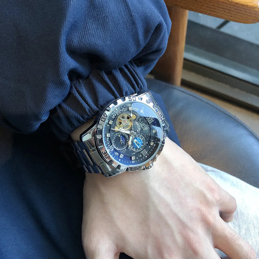 Men's silver case automatic mechanical watch with black steel belt and luminous waterproof features