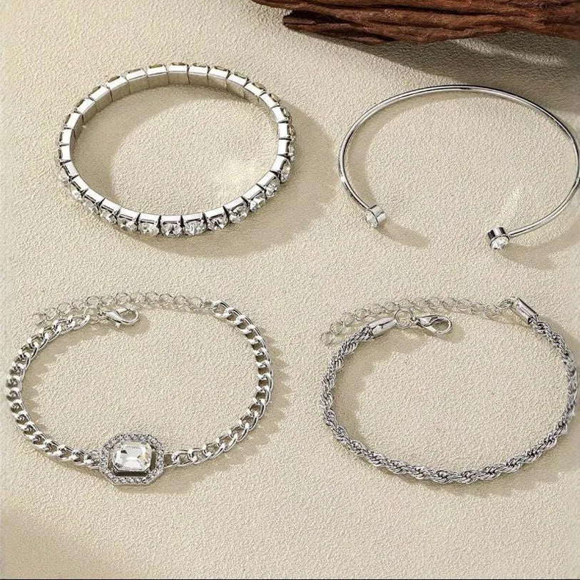 Women's retro geometric metal bracelet four-piece set in gold alloy with square diamond design