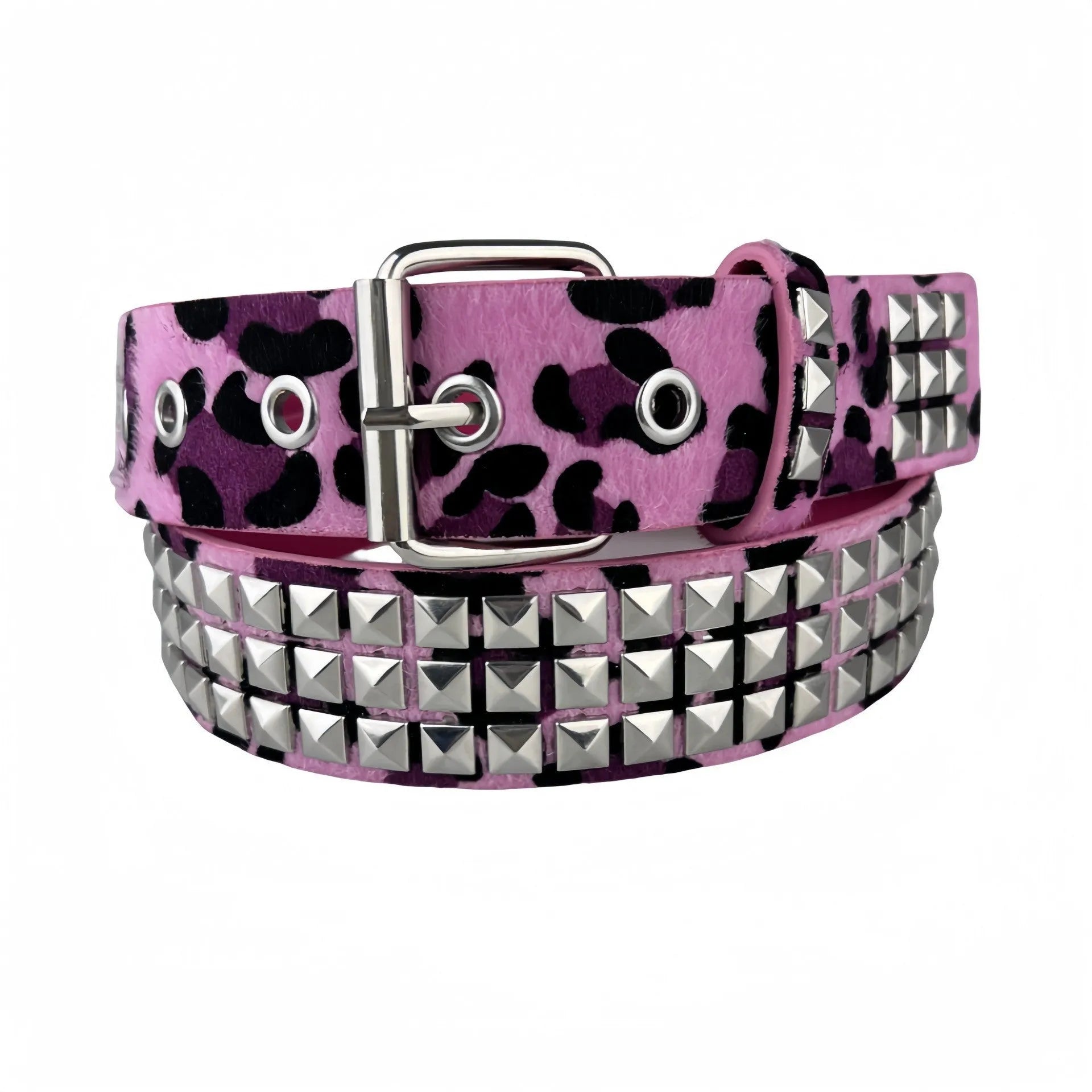 Women's punk hip hop belt with metal rivets and animal print pattern in brown leopard, rose red, or white zebra.