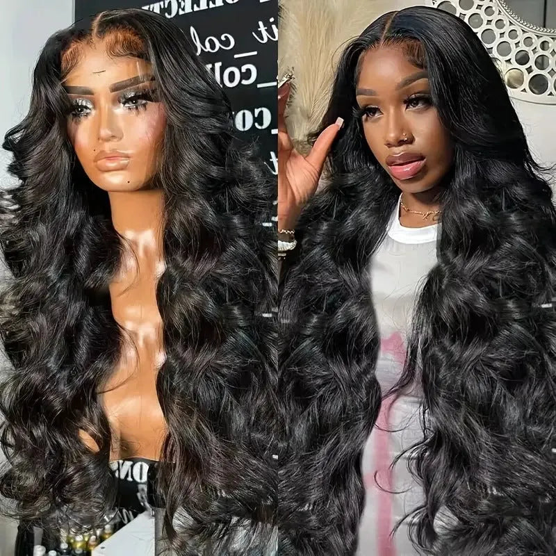A black long wig with big waves and a lace front hairline, displayed on a mannequin head.