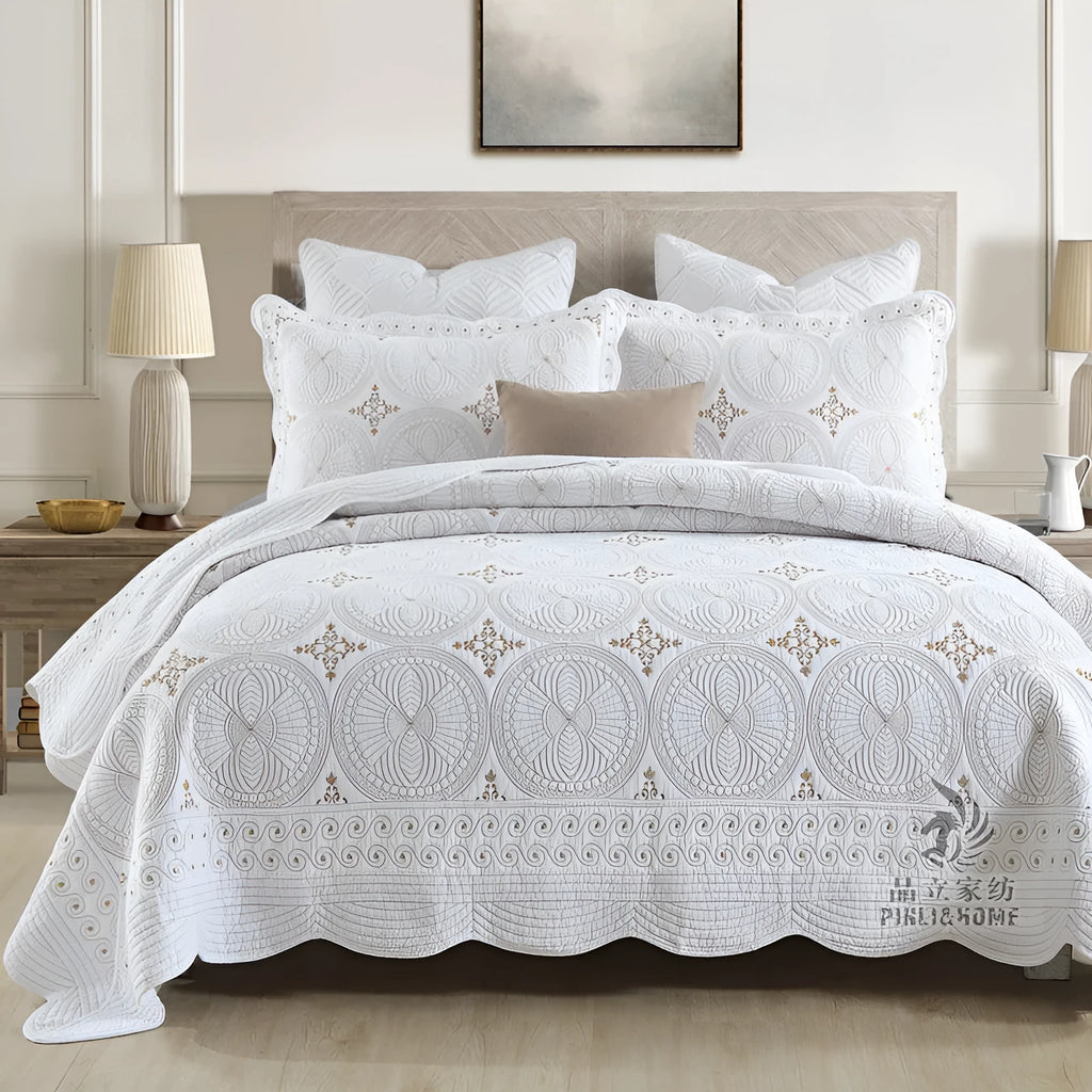 European-style embroidery cotton bed cover set with matching pillowcases for 1.8 metre beds